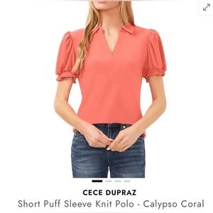 Ce CeCe Blouse, XS, Calypso Coral Pink, Puff Sleeve V-Neck Top, NWT
